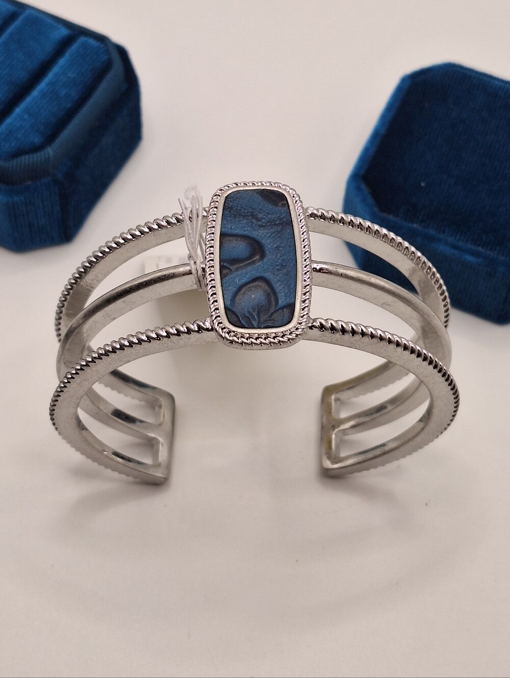 Blue Stone Cuff Bracelet Silver Tone Open Adjustable Southwestern Boho Jewelry